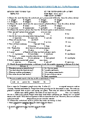 Đề thi vào 10 môn Tiếng Anh Đồng Nai 2015-2016 (Có đáp án)