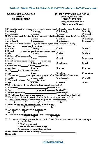 Đề thi vào 10 môn Tiếng Anh Đồng Nai 2016-2017 (Có đáp án)