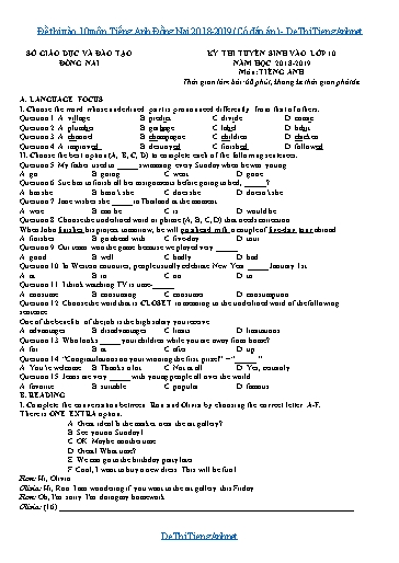 Đề thi vào 10 môn Tiếng Anh Đồng Nai 2018-2029 (Có đáp án)