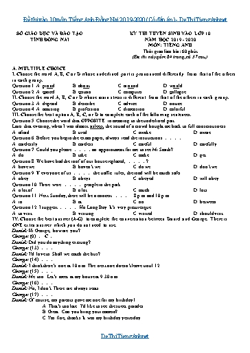 Đề thi vào 10 môn Tiếng Anh Đồng Nai 2019-2020 (Có đáp án)