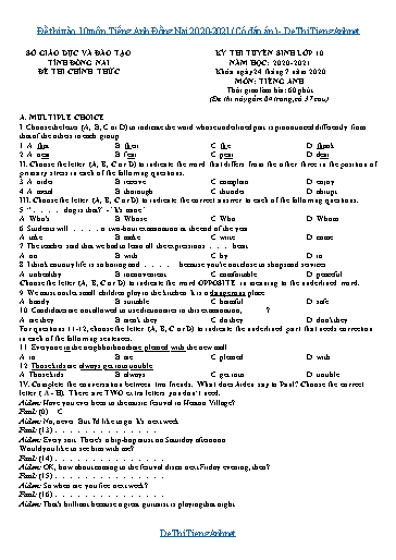 Đề thi vào 10 môn Tiếng Anh Đồng Nai 2020-2021 (Có đáp án)