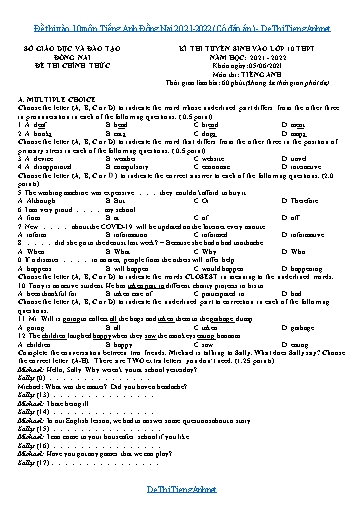 Đề thi vào 10 môn Tiếng Anh Đồng Nai 2021-2022 (Có đáp án)