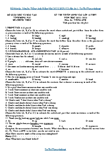 Đề thi vào 10 môn Tiếng Anh Đồng Nai 2022-2023 (Có đáp án)