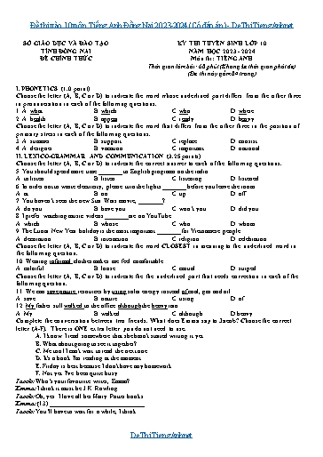 Đề thi vào 10 môn Tiếng Anh Đồng Nai 2023-2024 (Có đáp án)