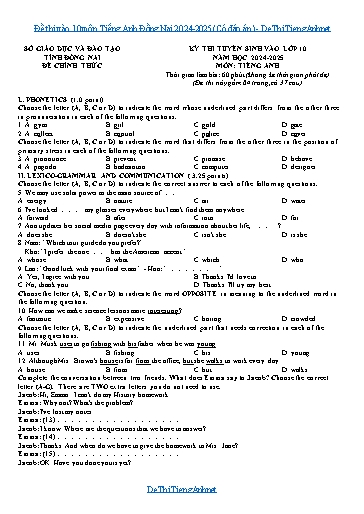 Đề thi vào 10 môn Tiếng Anh Đồng Nai 2024-2025 (Có đáp án)