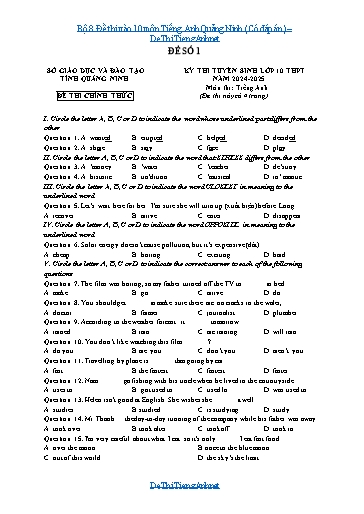 Bộ 8 Đề thi vào 10 môn Tiếng Anh Quảng Ninh (Có đáp án)