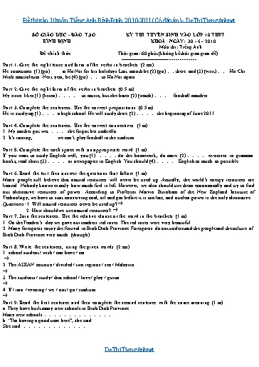 Đề thi vào 10 môn Tiếng Anh Bình Định 2010-2011 (Có đáp án)