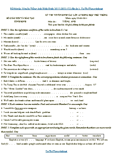 Đề thi vào 10 môn Tiếng Anh Bình Định 2011-2012 (Có đáp án)