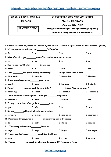 Đề thi vào 10 môn Tiếng Anh Đà Nẵng 2013-2014 (Có đáp án)