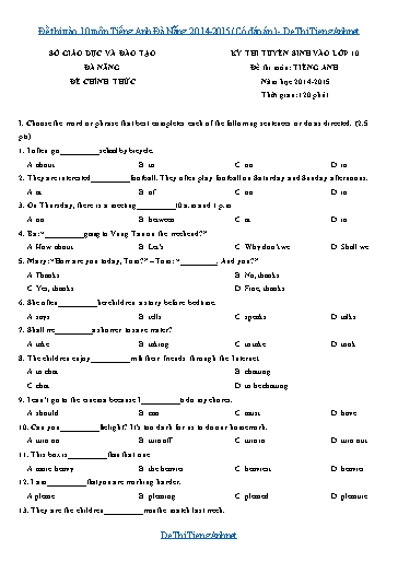 Đề thi vào 10 môn Tiếng Anh Đà Nẵng 2014-2015 (Có đáp án)