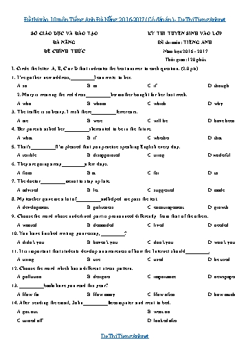Đề thi vào 10 môn Tiếng Anh Đà Nẵng 2016-2017 (Có đáp án)