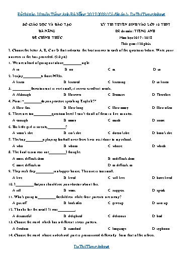 Đề thi vào 10 môn Tiếng Anh Đà Nẵng 2017-2018 (Có đáp án)