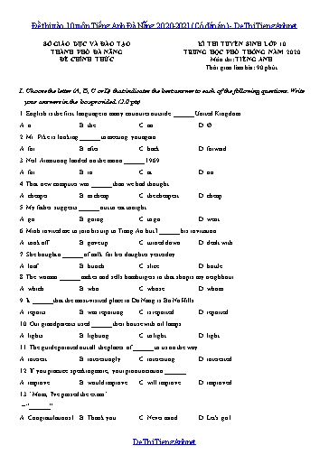Đề thi vào 10 môn Tiếng Anh Đà Nẵng 2020-2021 (Có đáp án)
