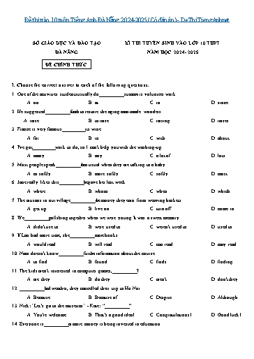 Đề thi vào 10 môn Tiếng Anh Đà Nẵng 2024-2025 (Có đáp án)