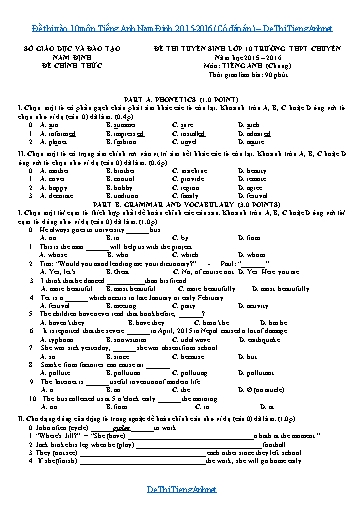 Đề thi vào 10 môn Tiếng Anh Nam Định 2015-2016 (Có đáp án)