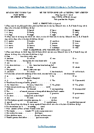 Đề thi vào 10 môn Tiếng Anh Nam Định 2017-2018 (Có đáp án)