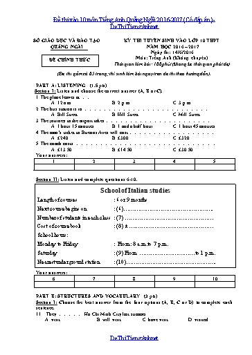 Đề thi vào 10 môn Tiếng Anh Quảng Ngãi 2016-2017 (Có đáp án)