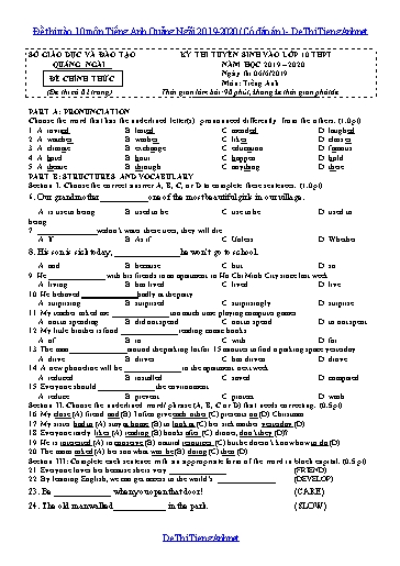 Đề thi vào 10 môn Tiếng Anh Quảng Ngãi 2019-2020 (Có đáp án)