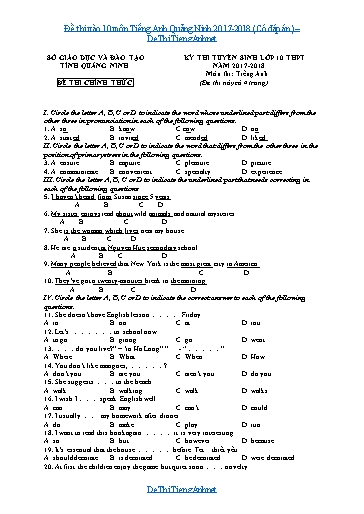 Đề thi vào 10 môn Tiếng Anh Quảng Ninh 2017-2018 (Có đáp án)