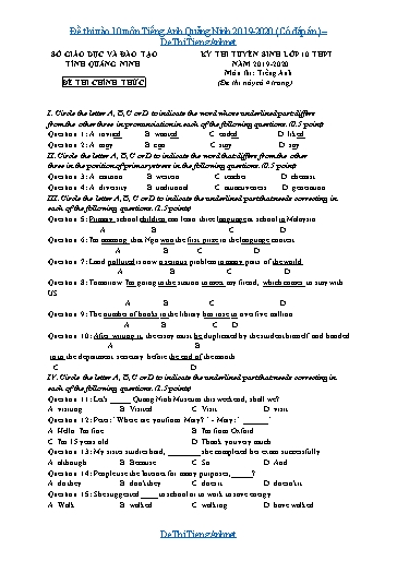 Đề thi vào 10 môn Tiếng Anh Quảng Ninh 2019-2020 (Có đáp án)