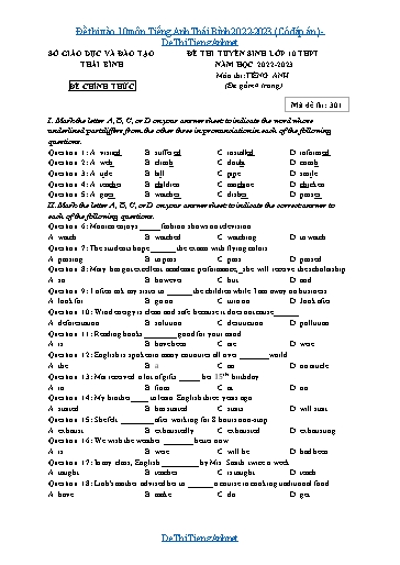 Đề thi vào 10 môn Tiếng Anh Thái Bình 2022-2023 (Có đáp án)