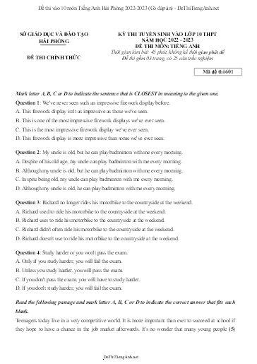 Đề thi vào 10 môn Tiếng Anh Hải Phòng 2022-2023 (Có đáp án)