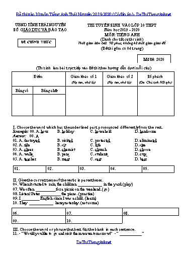 Đề thi vào 10 môn Tiếng Anh Thái Nguyên 2019-2020 (Có đáp án)