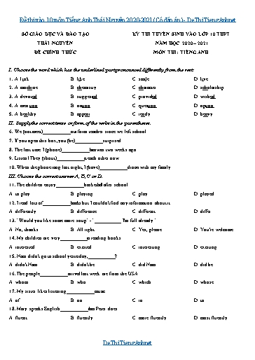 Đề thi vào 10 môn Tiếng Anh Thái Nguyên 2020-2021 (Có đáp án)