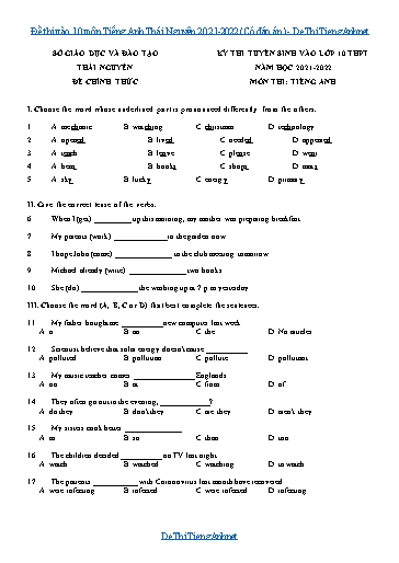 Đề thi vào 10 môn Tiếng Anh Thái Nguyên 2021-2022 (Có đáp án)