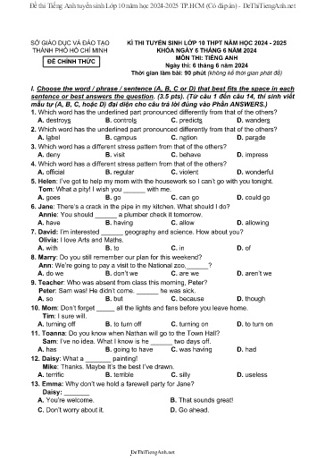 Đề thi Tiếng Anh tuyển sinh Lớp 10 năm học 2024-2025 TP.HCM (Có đáp án)