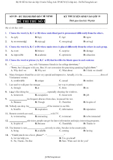 Bộ 80 Đề thi thử vào lớp 10 môn Tiếng Anh TP.HCM (Có đáp án)