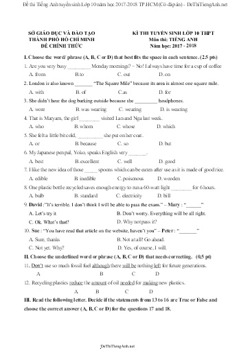 Đề thi Tiếng Anh tuyển sinh Lớp 10 năm học 2017-2018 TP.HCM (Có đáp án)