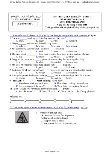 Đề thi Tiếng Anh tuyển sinh Lớp 10 năm học 2018-2019 TP.HCM (Có đáp án)