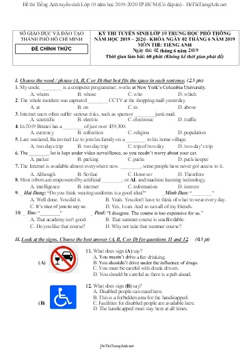 Đề thi Tiếng Anh tuyển sinh Lớp 10 năm học 2019-2020 TP.HCM (Có đáp án)