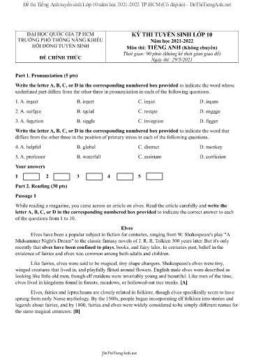 Đề thi Tiếng Anh tuyển sinh Lớp 10 năm học 2021-2022 TP.HCM (Có đáp án)