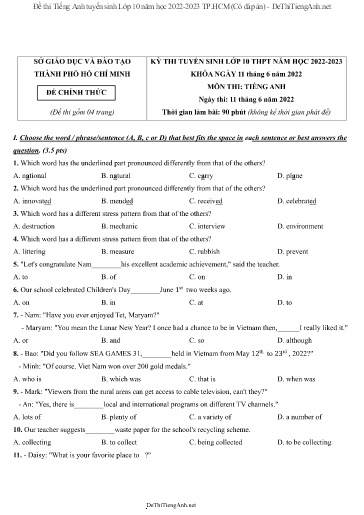 Đề thi Tiếng Anh tuyển sinh Lớp 10 năm học 2022-2023 TP.HCM (Có đáp án)