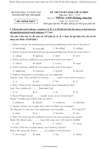 Đề thi Tiếng Anh tuyển sinh Lớp 10 năm học 2023-2024 TP.HCM (Có đáp án)