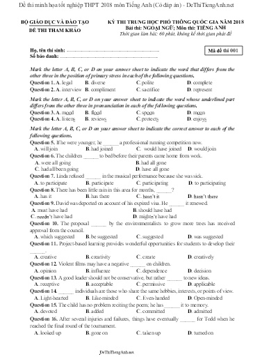 Đề thi minh họa tốt nghiệp THPT 2018 môn Tiếng Anh (Có đáp án)