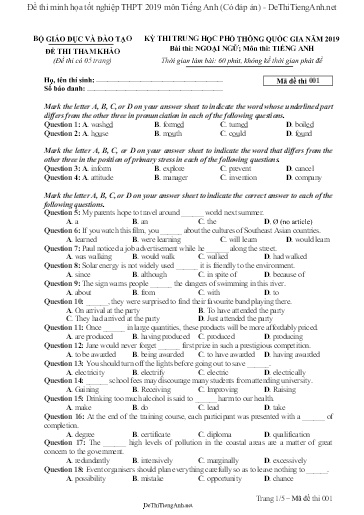 Đề thi minh họa tốt nghiệp THPT 2019 môn Tiếng Anh (Có đáp án)