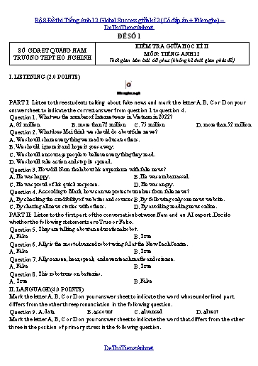 Bộ 8 Đề thi Tiếng Anh 12 Global Success giữa kì 2 (Có đáp án + File nghe)