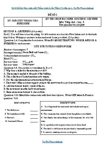 Bộ 8 Đề thi Học sinh giỏi Tiếng Anh 8 cấp Tỉnh (Có đáp án)