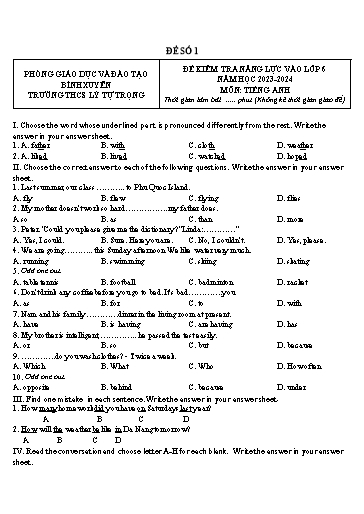 2 Đề thi vào Lớp 6 môn Tiếng Anh trường Lý Tự Trọng - Vĩnh Phúc 2022-2023 (Có đáp án)